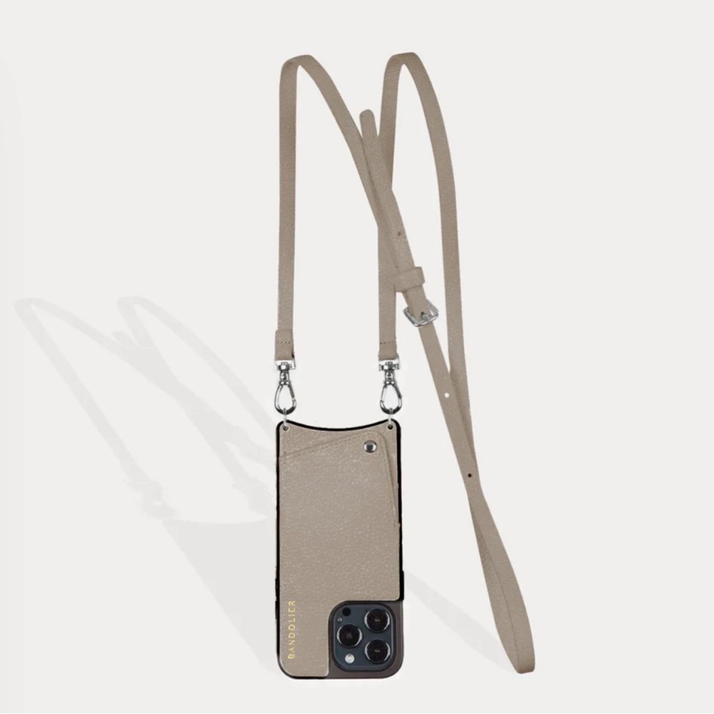 Emma Pebble Leather Crossbody Bandolier in Greige/Silver
For iPhone 13 Pro Max